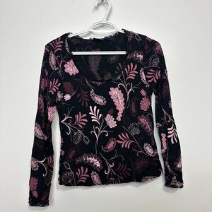 Y2K Hillard & Hanson Black Long Sleeve Top with Pink Floral Print